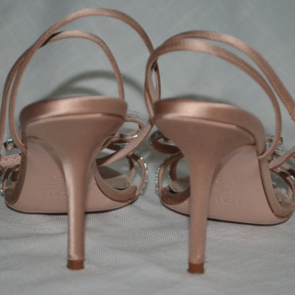 Sz 37.5 Gedebe Cecile Satin Nude Rhinestone Bow Detail 3.5" Strappy Heels - Picture 7 of 9